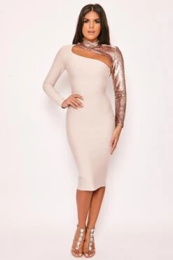 Nikola - Nude & Rose Gold Long Sleeve Sequin Bandage Dress -Deals Sarto View Store 04 12 missg 7639