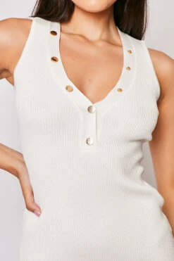 Talliah - White Premium Stretch Ribbed Gold Button Dress -Deals Sarto View Store 08 07 MISSG 20291