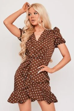 Anjelica - Chocolate Polka Dot Puff Sleeve Mini Dress