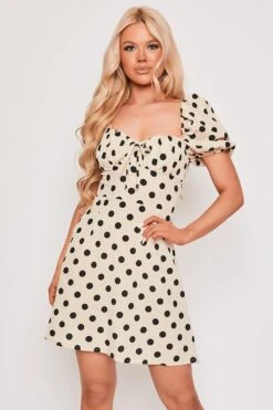 Indra - Nude & Black Polka Dot A-Line Day Dress