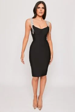 Blaise - Black Diamante Strap Bandage Midi Dress