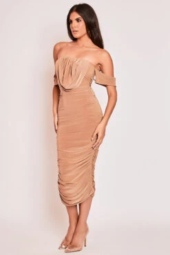 Rosea - Nude Draped Off The Shoulder Slinky Midi Dress -Deals Sarto View Store 15 09 MISSG 45702