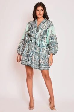 Marquis - Green Paisley Belted Flare Mini Dress -Deals Sarto View Store 15 09 MISSG 46074