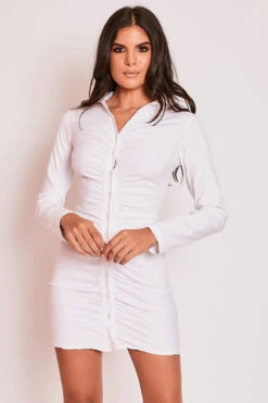 Erica - White Long Sleeve Ruched Shirt Dress