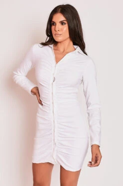 Erica - White Long Sleeve Ruched Shirt Dress -Deals Sarto View Store 15 09 MISSG 46250