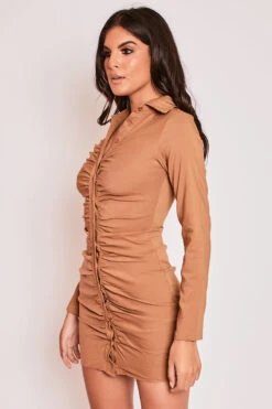 Erica - Tan Long Sleeve Ruched Shirt Dress -Deals Sarto View Store 15 09 MISSG 46273