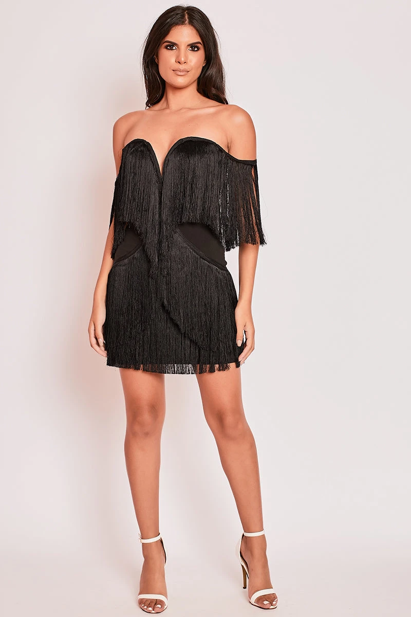 Letisha - Black Tassle Mini Bodycon Dress 2 Letisha - Black Tassle Mini Bodycon Dress - Image 2