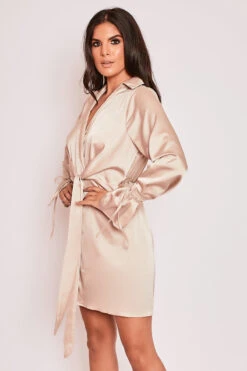 Mae - Champagne Satin Tie Front Shirt Dress -Deals Sarto View Store 15 09 MISSG 46535