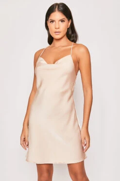 Bethany - Champagne Gold Satin Cowl Neck Backless Mini Dress 7 Bethany - Champagne Gold Satin Cowl Neck Backless Mini Dress -Deals Sarto View Store 19 11 MISSG 54582