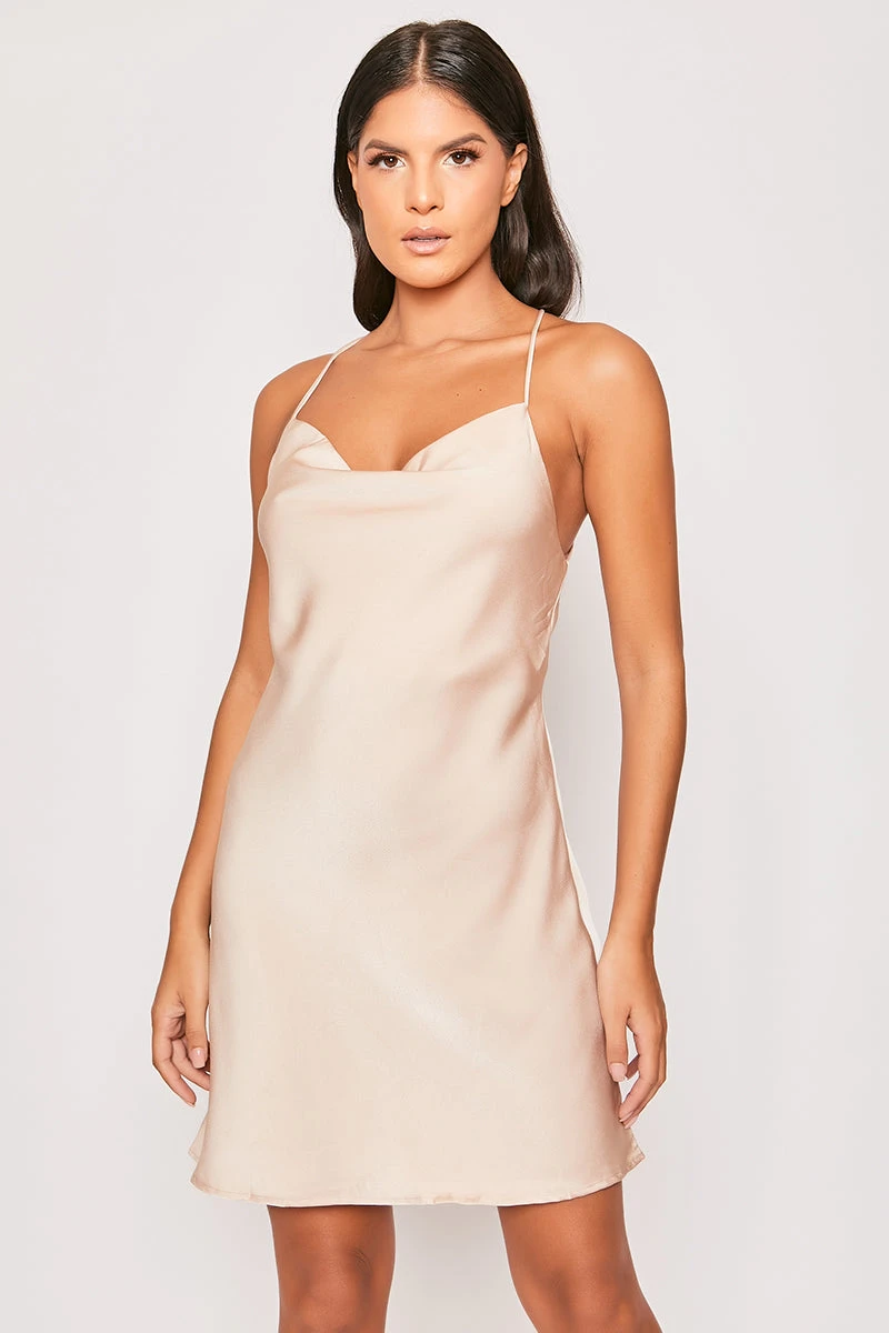 Bethany - Champagne Gold Satin Cowl Neck Backless Mini Dress 3 Bethany - Champagne Gold Satin Cowl Neck Backless Mini Dress - Image 3