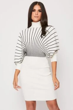 Natashie - White & Black Striped Polo Neck Jumper Dress -Deals Sarto View Store 22 09 missg 39009