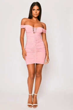 Elin - Pink Off The Shoulder Ruched Bodycon Dress