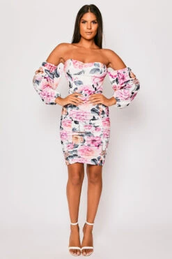 Aubrie - White Floral Ruched Bardot Puff Sleeve Mini Dress -Deals Sarto View Store 23 05 MISSG 73080