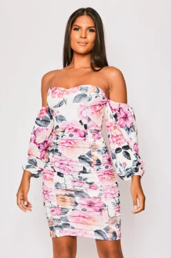 Aubrie - White Floral Ruched Bardot Puff Sleeve Mini Dress -Deals Sarto View Store 23 05 MISSG 73086