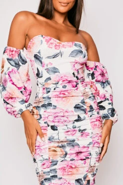 Aubrie - White Floral Ruched Bardot Puff Sleeve Mini Dress -Deals Sarto View Store 23 05 MISSG 73090