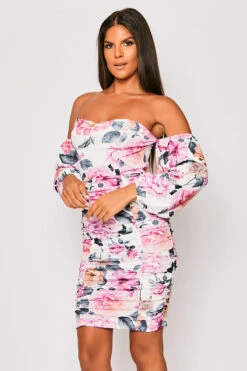 Aubrie - White Floral Ruched Bardot Puff Sleeve Mini Dress -Deals Sarto View Store 23 05 MISSG 73097