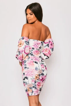 Aubrie - White Floral Ruched Bardot Puff Sleeve Mini Dress -Deals Sarto View Store 23 05 MISSG 73100
