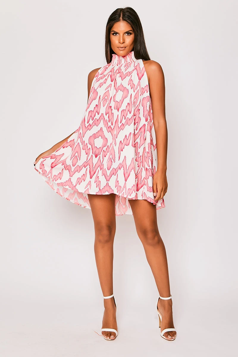 Opal - White & Pink Printed High Neck Mini Dress 2 Opal - White & Pink Printed High Neck Mini Dress - Image 2