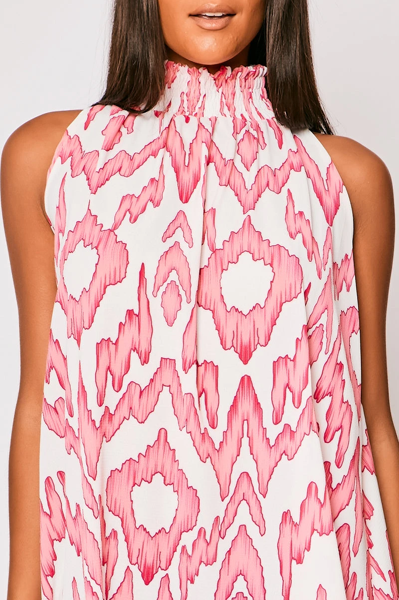 Opal - White & Pink Printed High Neck Mini Dress 4 Opal - White & Pink Printed High Neck Mini Dress - Image 4
