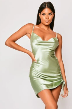 Kensie - Sage Satin Cowl Neck Tie Side Bodycon Dress