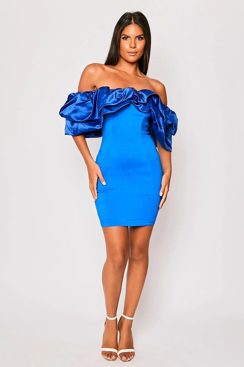 Alexandria - Royal Blue Satin Bardot Frill Mini Dress 2 Alexandria - Royal Blue Satin Bardot Frill Mini Dress - Image 2