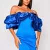 Alexandria - Royal Blue Satin Bardot Frill Mini Dress