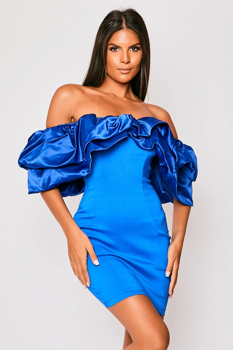 Alexandria - Royal Blue Satin Bardot Frill Mini Dress 1 Alexandria - Royal Blue Satin Bardot Frill Mini Dress