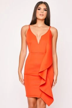 Nathalie - Orange Draped Frill V Front Bodycon Dress -Deals Sarto View Store 23 07 missg 3801