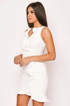Lorienne - White Ruffle V Neck Bodycon Dress -Deals Sarto View Store 23 07 missg 4658