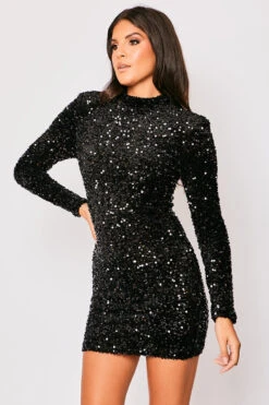 Leia - Black Long Sleeve High Neck Sequin Bodycon Dress -Deals Sarto View Store 23 09 MISSG 5749