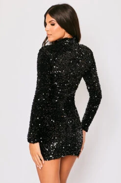 Leia - Black Long Sleeve High Neck Sequin Bodycon Dress -Deals Sarto View Store 23 09 MISSG 5753