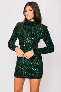 Leia - Green Long Sleeve High Neck Sequin Bodycon Dress -Deals Sarto View Store 23 09 MISSG 5799