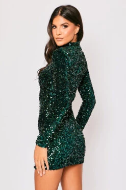 Leia - Green Long Sleeve High Neck Sequin Bodycon Dress -Deals Sarto View Store 23 09 MISSG 5805