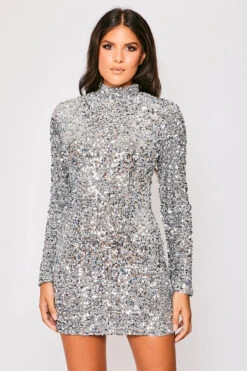 Leia - Silver Long Sleeve High Neck Sequin Bodycon Dress -Deals Sarto View Store 23 09 MISSG 5813