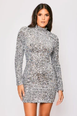 Leia - Silver Long Sleeve High Neck Sequin Bodycon Dress -Deals Sarto View Store 23 09 MISSG 5816