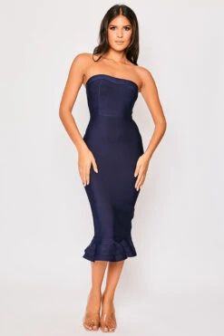 Pennie - Navy Strapless Fishtail Bandage Midi Dress