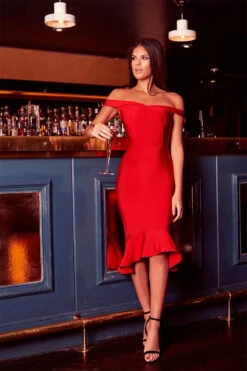 Amira - Red Off The Shoulder Fishtail Bandage Dress