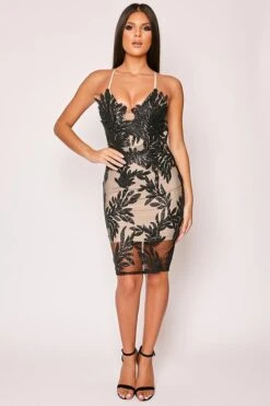 Zofia - Black Sequin Leaf & Mesh Bandage Dress -Deals Sarto View Store 26 10 missg 10146