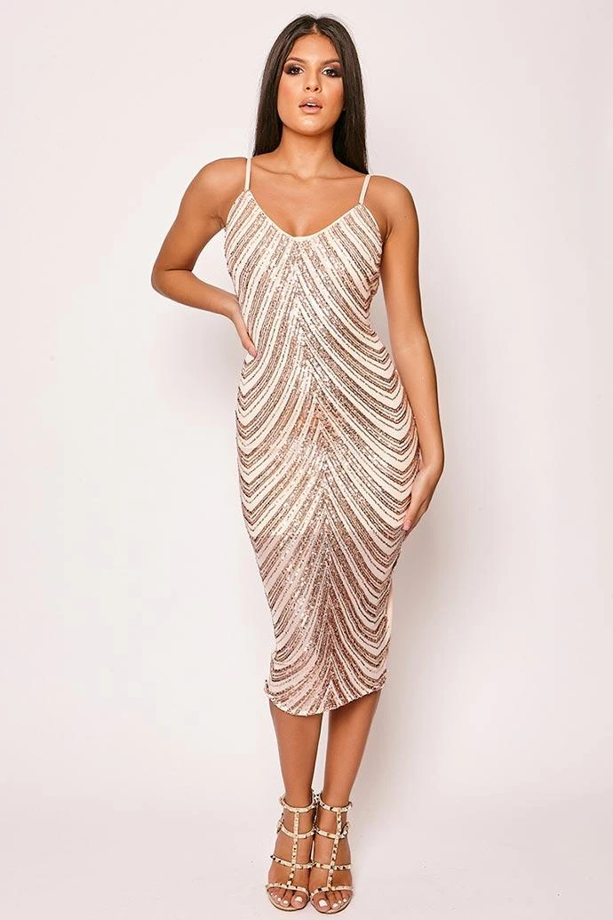 Charia - Nude & Gold Sequin Midi Bodycon Dress 3 Charia - Nude & Gold Sequin Midi Bodycon Dress - Image 3