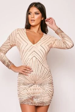 Cadencia - Nude & Gold Long Sleeve Sequin Bodycon Dress