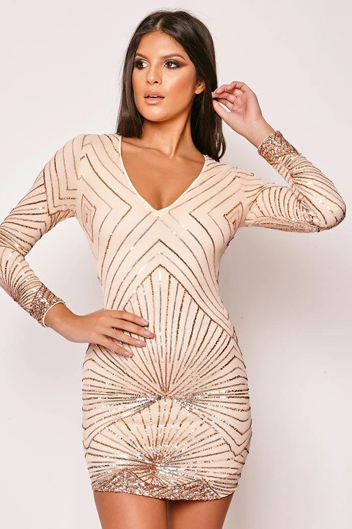 Cadencia - Nude & Gold Long Sleeve Sequin Bodycon Dress 1 Cadencia - Nude & Gold Long Sleeve Sequin Bodycon Dress