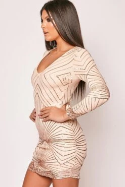 Cadencia - Nude & Gold Long Sleeve Sequin Bodycon Dress 6 Cadencia - Nude & Gold Long Sleeve Sequin Bodycon Dress -Deals Sarto View Store 26 10 missg 10989
