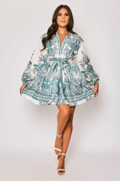 Marquis - White Paisley Belted Flare Mini Dress
