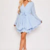 Hanella - Baby Blue Chiffon Belted Skater Dress