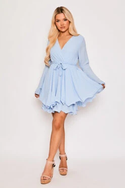 Hanella - Baby Blue Chiffon Belted Skater Dress