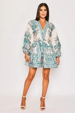 Marquis - Cream Paisley Belted Flare Mini Dress