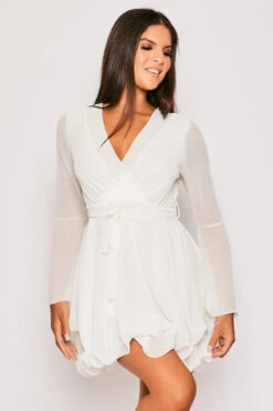 Hanella - White Chiffon Belted Skater Dress