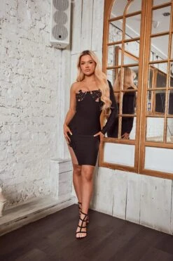 Emiliana - Black & Nude Embellished Lace One Shoulder Bandage Dress