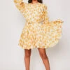 Delia - Yellow Foral Belted Long Sleeve Belted Day Dress