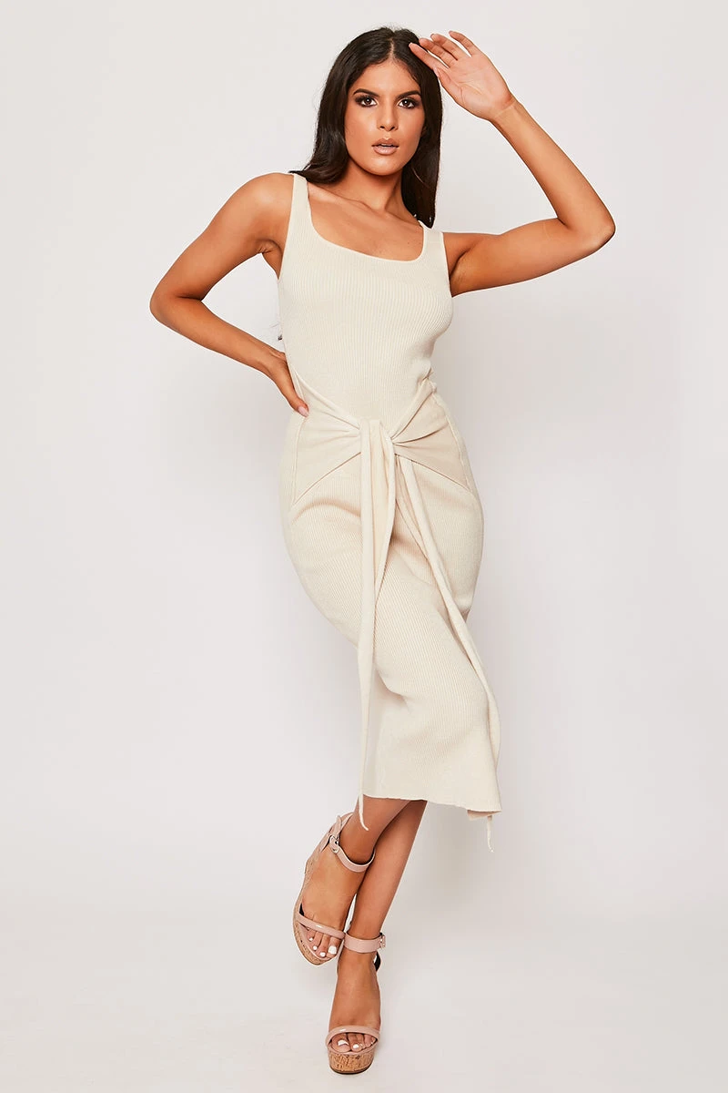 Luisa - Nude Knitted Tie Front Midi Dress 2 Luisa - Nude Knitted Tie Front Midi Dress - Image 2